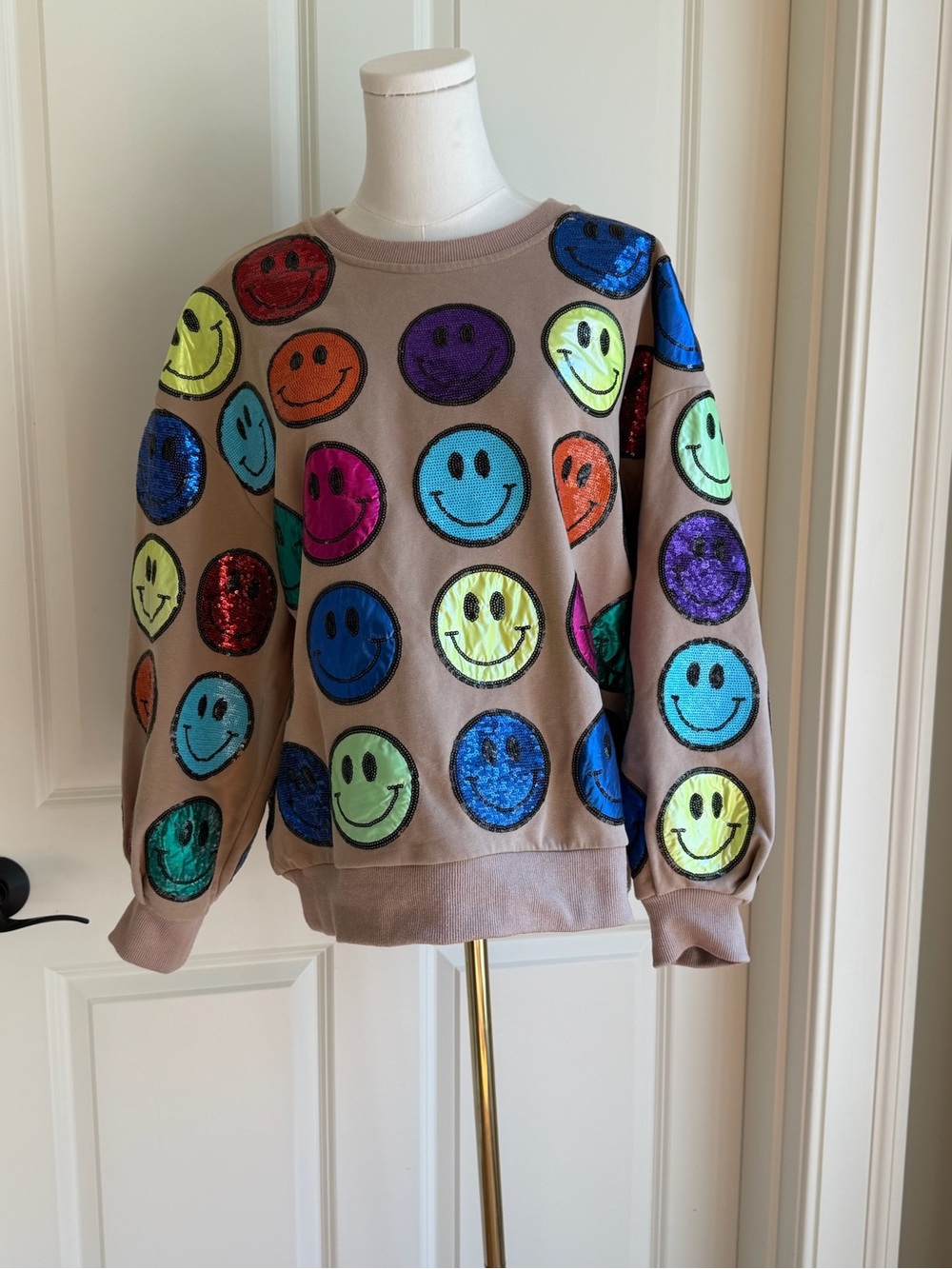QUEEN OF SPARKLES Taupe Sweatshirt with Multicolor Sequin Smiley Faces